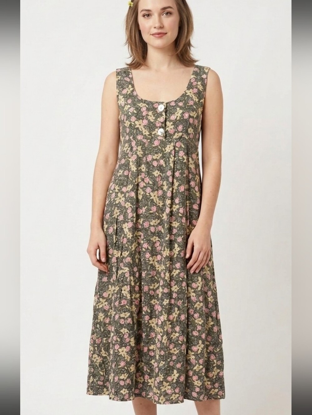 Vtg 90s Sag Harbor Green & Pink Floral Scoop Neck Cottagecore Midi Dress PM